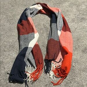 Red, White, and Navy Plaid Scarf with Fringe
